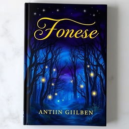 A captivating book cover design featuring a mysterious forest at twilight, with deep blue and purple skies