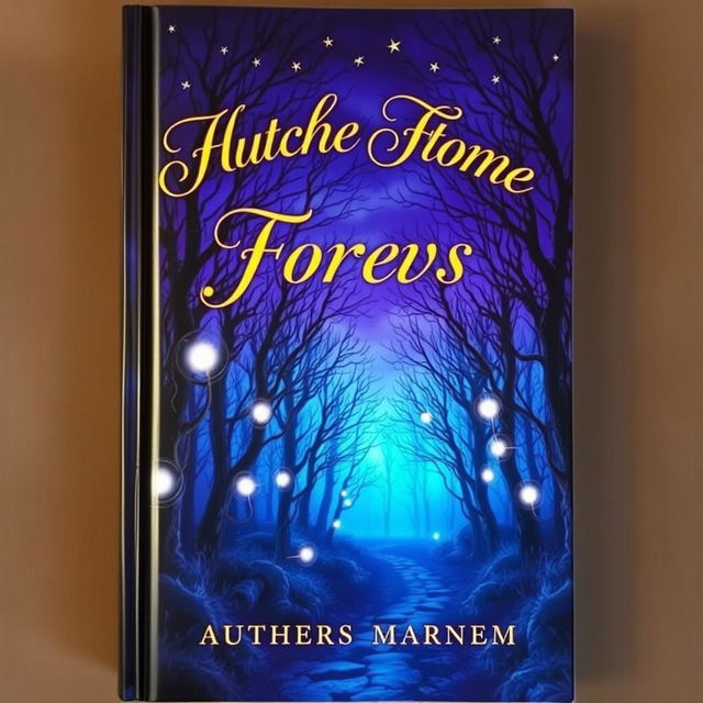 A captivating book cover design featuring a mysterious forest at twilight, with deep blue and purple skies