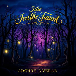 A captivating book cover design featuring a mysterious forest at twilight, with deep blue and purple skies