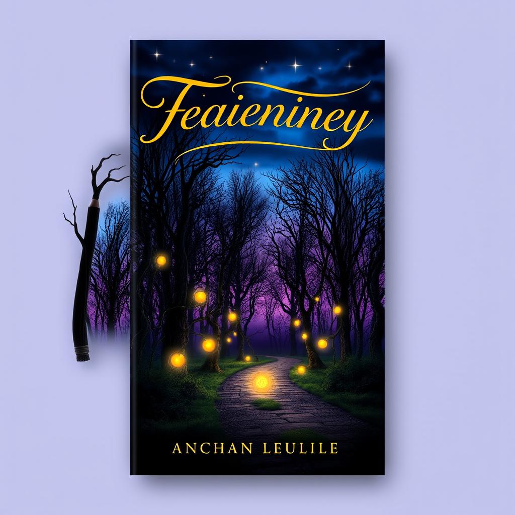 A captivating book cover design featuring a mysterious forest at twilight, with deep blue and purple skies