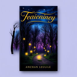 A captivating book cover design featuring a mysterious forest at twilight, with deep blue and purple skies