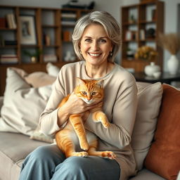 A beautiful American woman aged between 40 and 45, with a fashionable hairstyle, sitting full-length on a cozy sofa at home