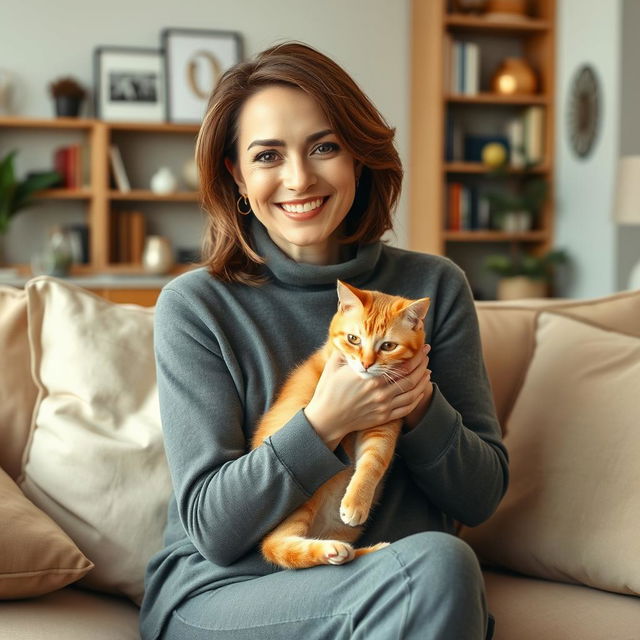 A beautiful American woman aged between 40 and 45, with a fashionable hairstyle, sitting full-length on a cozy sofa at home