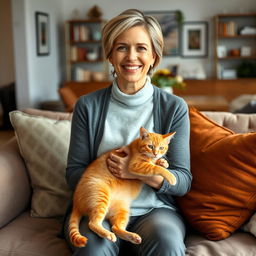 A beautiful American woman aged between 40 and 45, with a fashionable hairstyle, sitting full-length on a cozy sofa at home