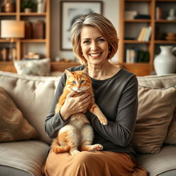 A beautiful American woman aged between 40 and 45, with a fashionable hairstyle, sitting full-length on a cozy sofa at home