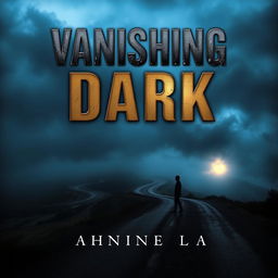 A striking book cover titled "Vanishing Dark" featuring a desolate landscape of a winding road disappearing into a thick fog