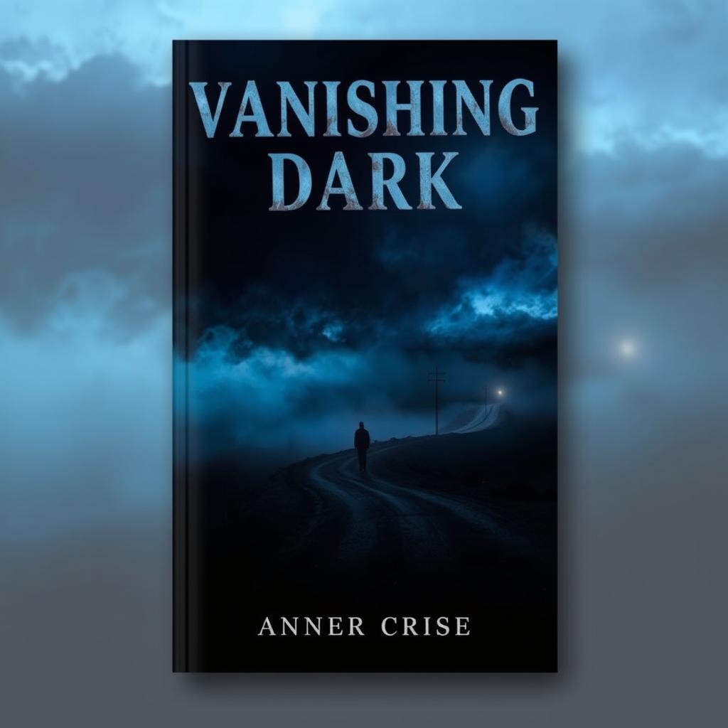 A striking book cover titled "Vanishing Dark" featuring a desolate landscape of a winding road disappearing into a thick fog