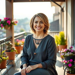 A beautiful American woman aged between 40 and 45, with a fashionable hairstyle, sitting full-length on a balcony
