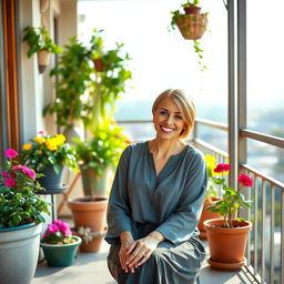 A beautiful American woman aged between 40 and 45, with a fashionable hairstyle, sitting full-length on a balcony