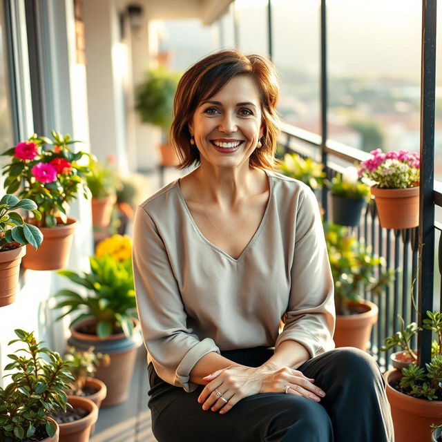 A beautiful American woman aged between 40 and 45, with a fashionable hairstyle, sitting full-length on a balcony