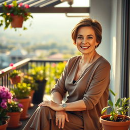 A beautiful American woman aged between 40 and 45, with a fashionable hairstyle, sitting full-length on a balcony