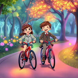 An illustration of two children riding bicycles in a park, dressed in smart and modest clothing