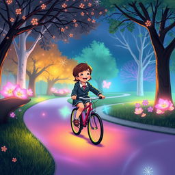 An illustration of two children riding bicycles in a park, dressed in smart and modest clothing