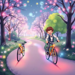 An illustration of two children riding bicycles in a park, dressed in smart and modest clothing