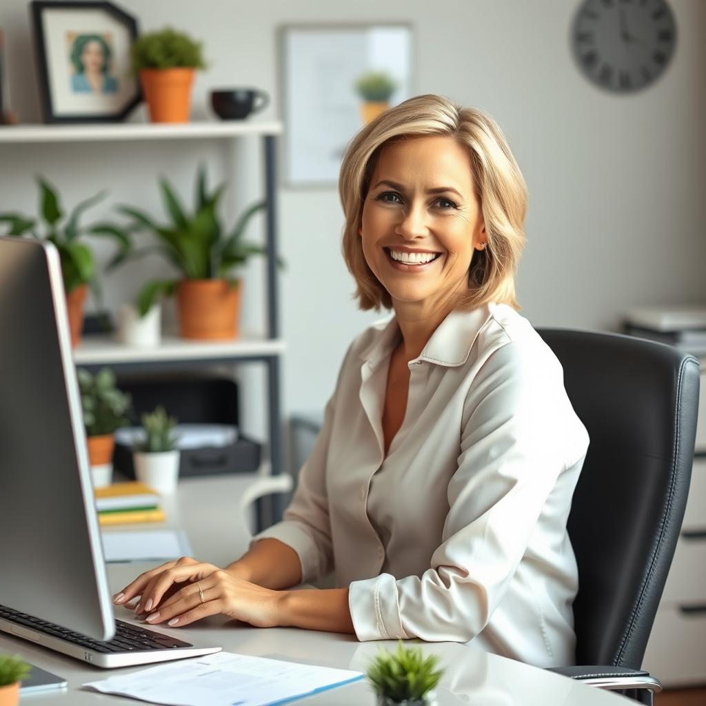 A beautiful American woman aged between 40 and 45, with a fashionable hairstyle, sitting at her desk in an office setting