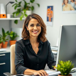 A beautiful American woman aged between 40 and 45, with a fashionable hairstyle, sitting at her desk in an office setting