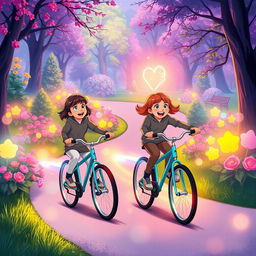An illustration of two children riding bicycles in a park, wearing smart and modest sports clothing