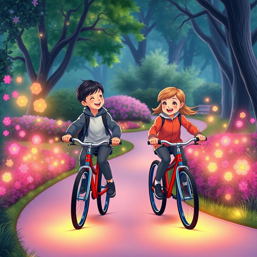 An illustration of two children riding bicycles in a park, wearing smart and modest sports clothing