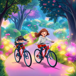 An illustration of two children riding bicycles in a park, wearing smart and modest sports clothing