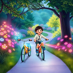 An illustration of two children riding bicycles in a park, wearing smart and modest sports clothing