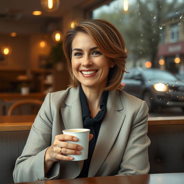 A beautiful American woman aged between 40 and 45, with a fashionable hairstyle, sitting in a cozy café