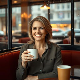 A beautiful American woman aged between 40 and 45, with a fashionable hairstyle, sitting in a cozy café