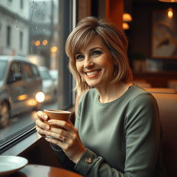 A beautiful American woman aged between 40 and 45, with a fashionable hairstyle, sitting in a cozy café