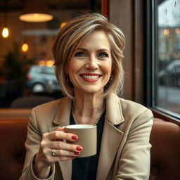 A beautiful American woman aged between 40 and 45, with a fashionable hairstyle, sitting in a cozy café