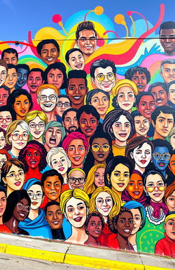 A vibrant and dynamic mural titled 'Scattered Faces', featuring a collage of diverse people’s portraits arranged randomly, creating a visually stimulating composition