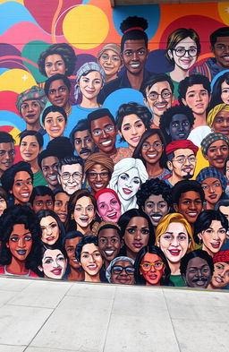 A vibrant and dynamic mural titled 'Scattered Faces', featuring a collage of diverse people’s portraits arranged randomly, creating a visually stimulating composition