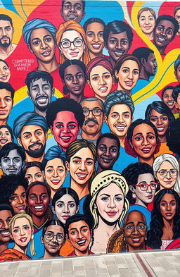 A vibrant and dynamic mural titled 'Scattered Faces', featuring a collage of diverse people’s portraits arranged randomly, creating a visually stimulating composition