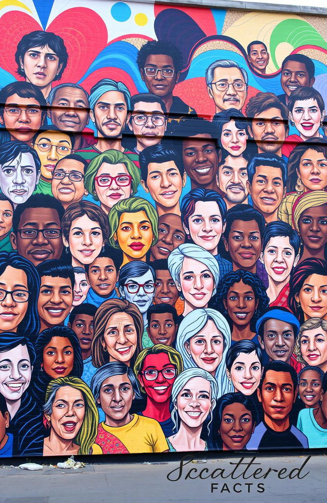 A vibrant and dynamic mural titled 'Scattered Faces', featuring a collage of diverse people’s portraits arranged randomly, creating a visually stimulating composition