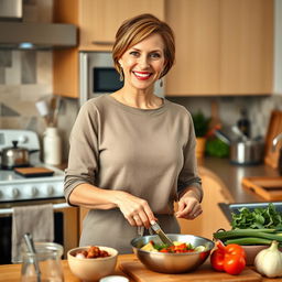 A beautiful American woman aged between 40 and 45, with a fashionable hairstyle, standing in her kitchen while preparing a meal