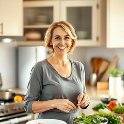 A beautiful American woman aged between 40 and 45, with a fashionable hairstyle, standing in her kitchen while preparing a meal