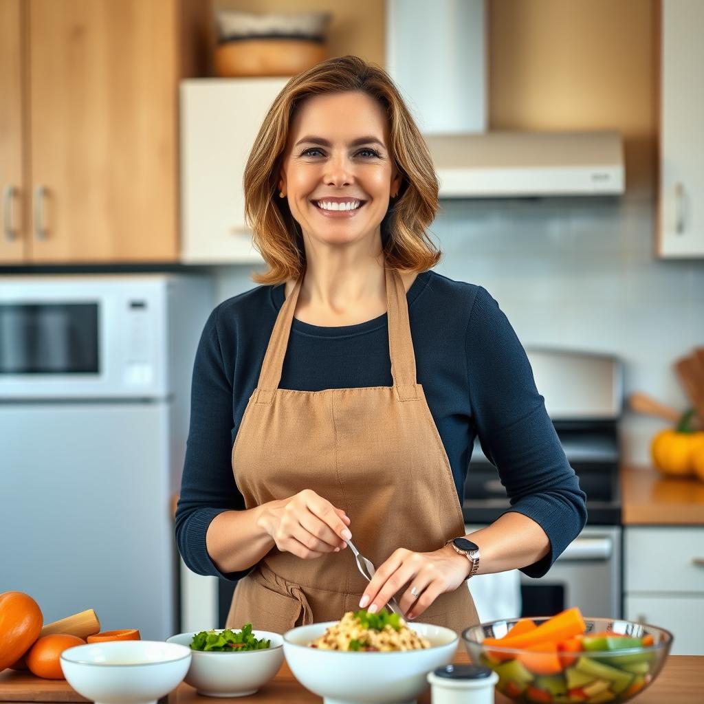 A beautiful American woman aged between 40 and 45, with a fashionable hairstyle, standing in her kitchen while preparing a meal