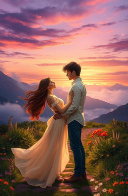 A romantic scene set at a mystical crossroads illuminated by the soft glow of twilight
