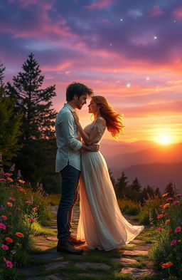 A romantic scene set at a mystical crossroads illuminated by the soft glow of twilight