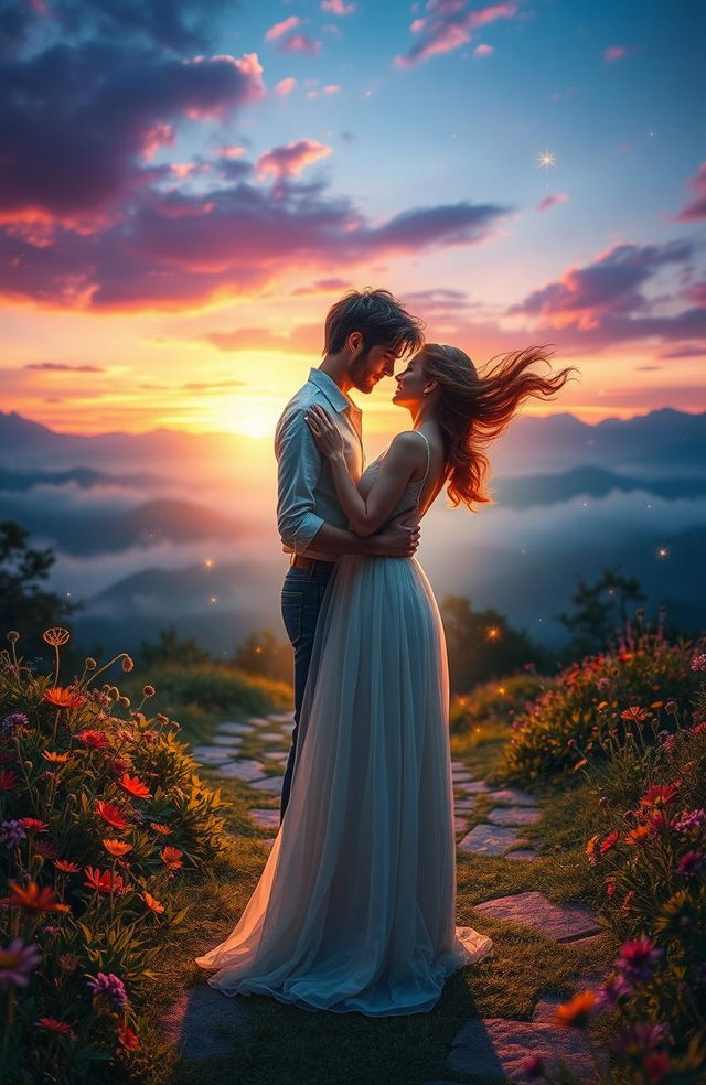 A romantic scene set at a mystical crossroads illuminated by the soft glow of twilight