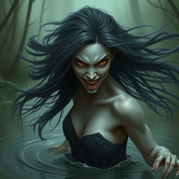 A fierce female ghost from Thailand with long flowing hair, an angry expression, and vengeful eyes