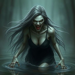 A fierce female ghost from Thailand with long flowing hair, an angry expression, and vengeful eyes