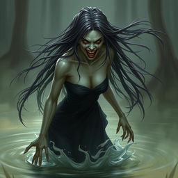 A fierce female ghost from Thailand with long flowing hair, an angry expression, and vengeful eyes