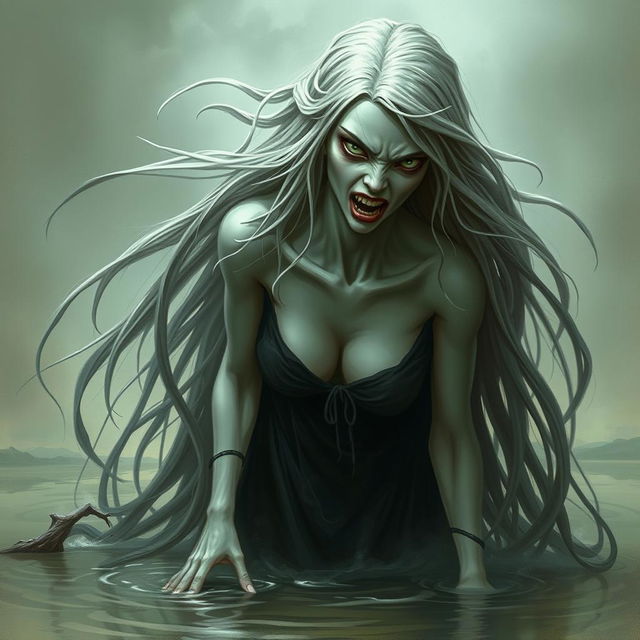 A fierce female ghost from Thailand with long flowing hair, an angry expression, and vengeful eyes