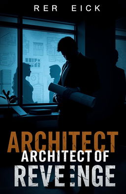 A gripping thriller book cover featuring a shadowy silhouette of a man standing in a dimly lit modern architectural office, intricately designed blueprints scattered around him