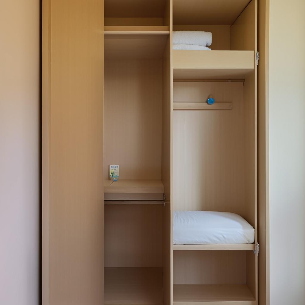 A cozy single bedroom featuring a sliding wardrobe, a single bed, and a foldable study table equipped with a shelf for book storage.