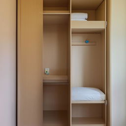 A cozy single bedroom featuring a sliding wardrobe, a single bed, and a foldable study table equipped with a shelf for book storage.