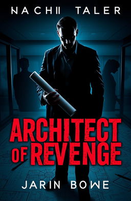 A gripping thriller book cover featuring a shadowy silhouette of a man standing in a dimly lit modern architectural office, intricately designed blueprints scattered around him
