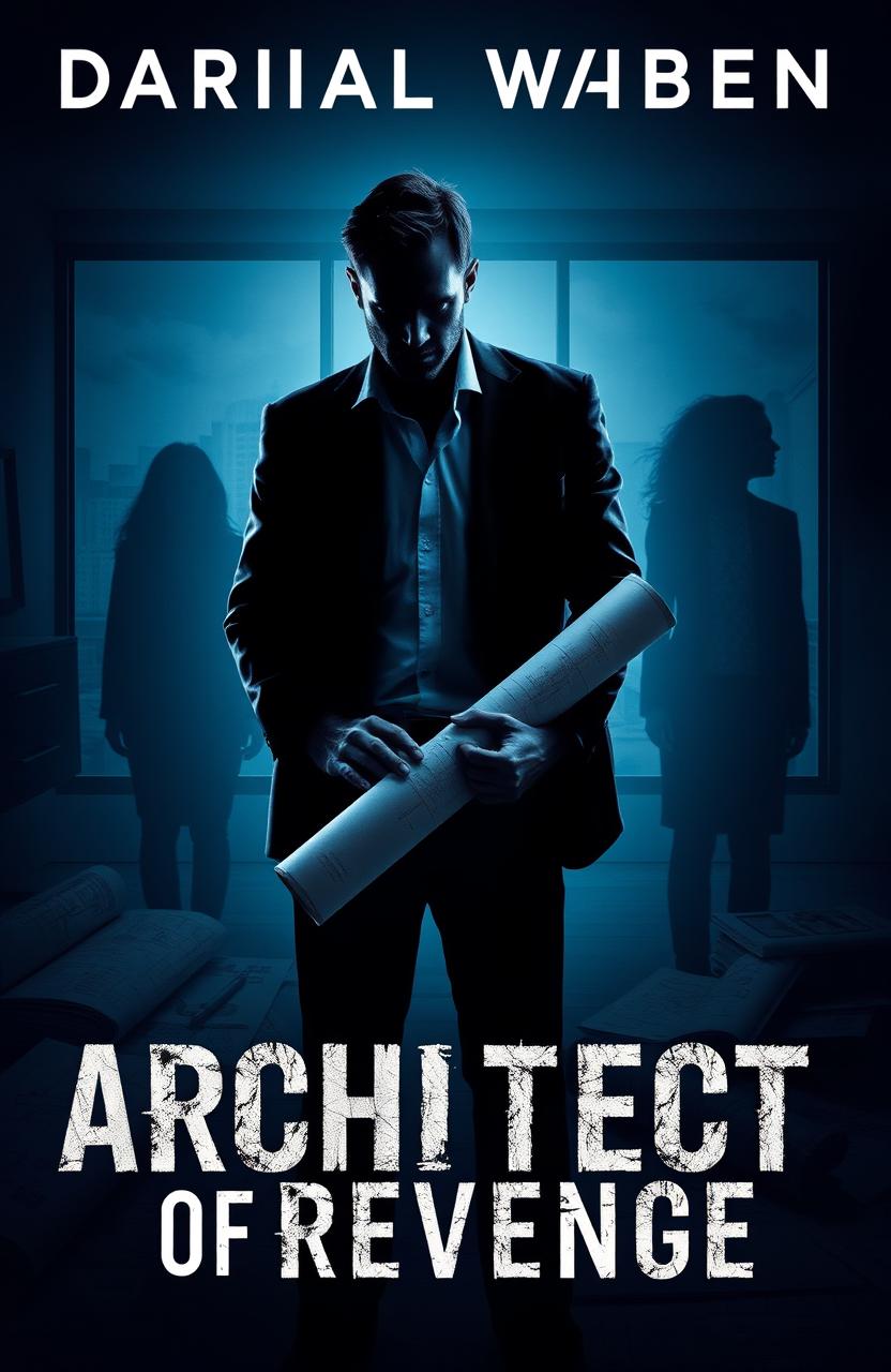 A gripping thriller book cover featuring a shadowy silhouette of a man standing in a dimly lit modern architectural office, intricately designed blueprints scattered around him