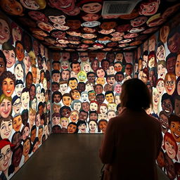A captivating art installation titled 'Scattered Faces', designed as an immersive space where visitors encounter a multitude of random, expressive faces displayed around the room