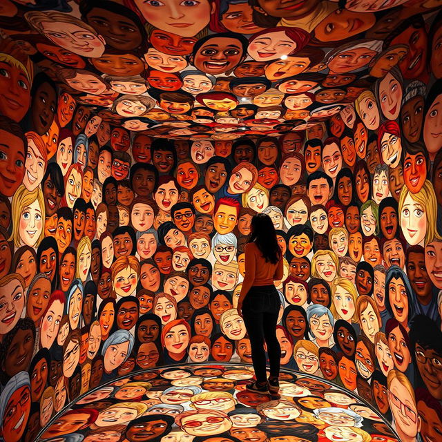 A captivating art installation titled 'Scattered Faces', designed as an immersive space where visitors encounter a multitude of random, expressive faces displayed around the room