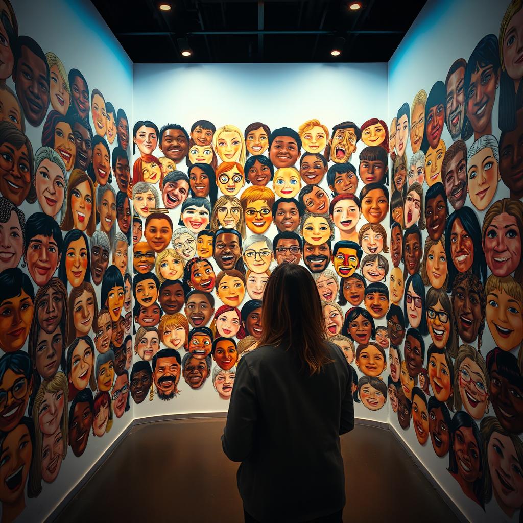 A captivating art installation titled 'Scattered Faces', designed as an immersive space where visitors encounter a multitude of random, expressive faces displayed around the room